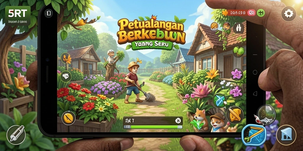 Tangkapan layar gameplay 5RT menampilkan kebun yang indah dan tanaman yang subur.