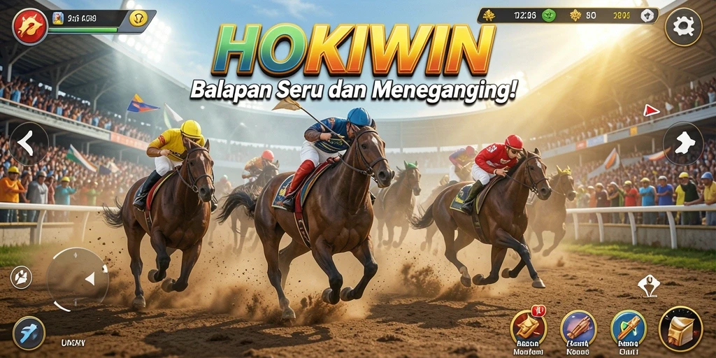 Gameplay seru HOKIWIN menampilkan balapan menegangkan di berbagai trek.