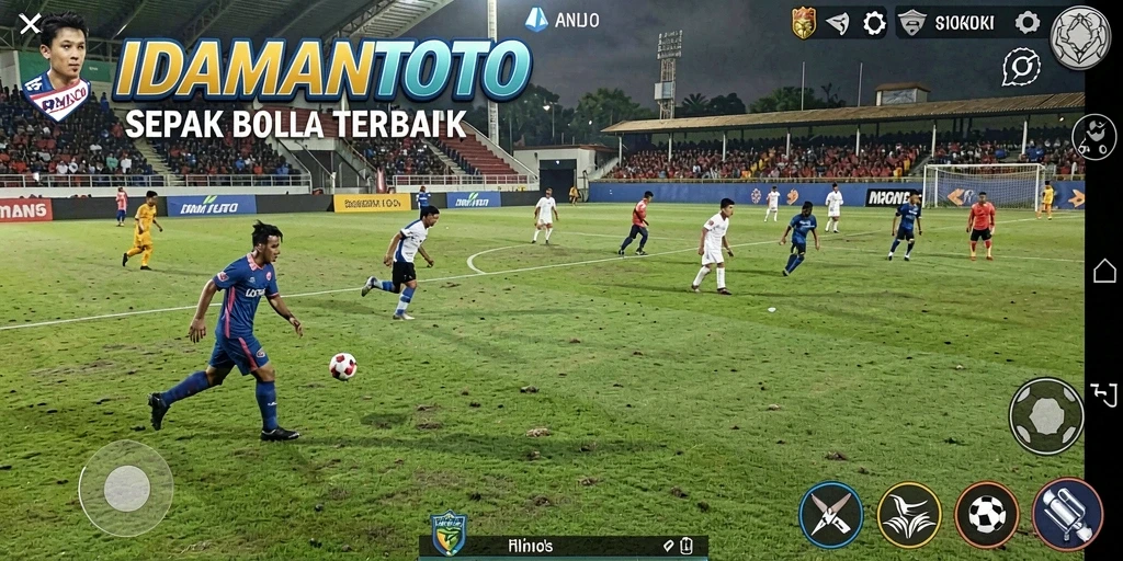 Screenshot dari gameplay dinamis IDAMANTOTO yang menampilkan aksi sepak bola.