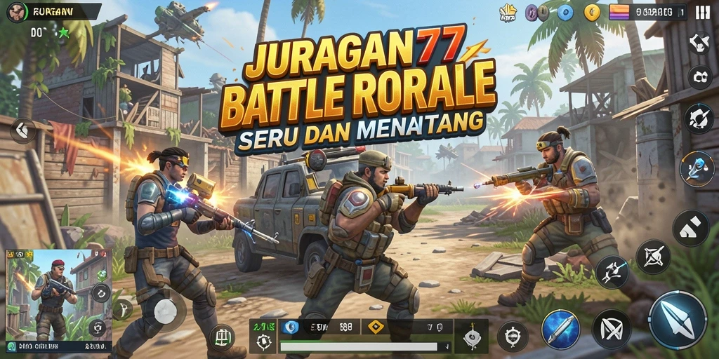 Tangkapan layar dari gameplay intens JURAGAN77 dalam mode Battle Royale.