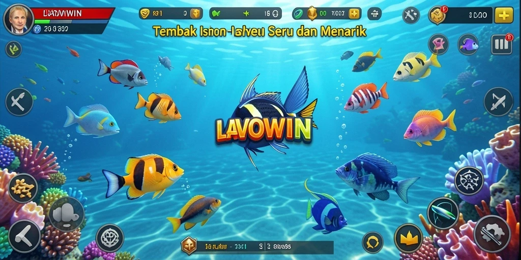 Screenshot gameplay LAVOWIN dengan aksi menembak ikan yang seru.