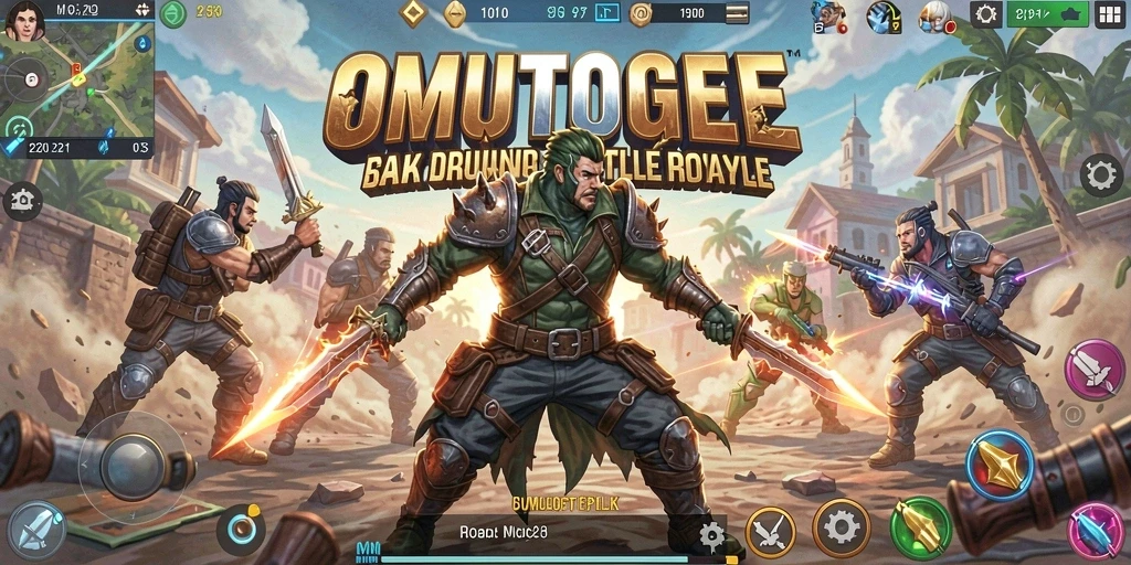 Gameplay seru OMUTOGEL dengan pertarungan Battle Royale intens.