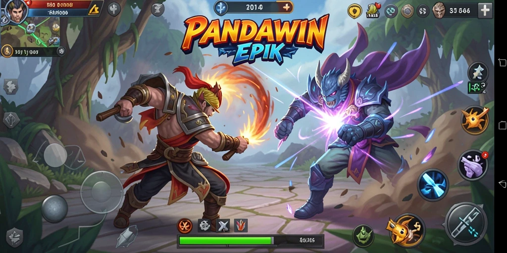 Screenshot utama dari PANDAWIN menampilkan aksi pertarungan yang intens dan mendebarkan.