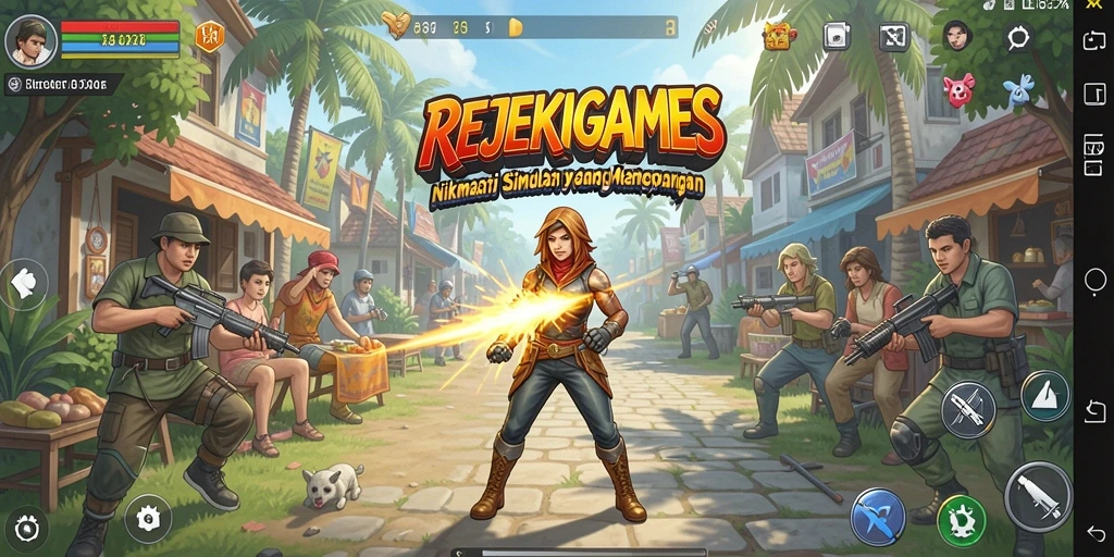 Tampilan utama gameplay REJEKIGAMES yang menampilkan interaksi sosial dan kustomisasi karakter.