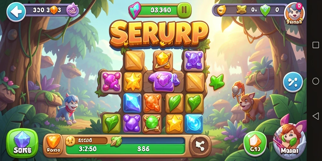Tampilan gameplay SERURP dengan elemen-elemen warna-warni yang menantang
