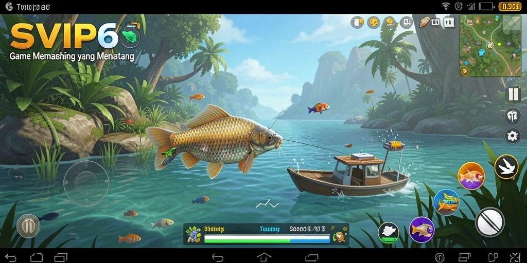 Screenshot gameplay SVIP6 menampilkan aksi memancing yang seru.